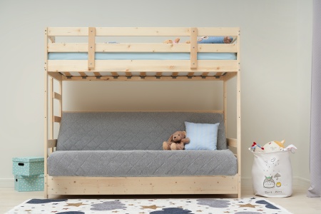 Двухъярусная кровать массив с диван-кроватью светло-серый / натуральный