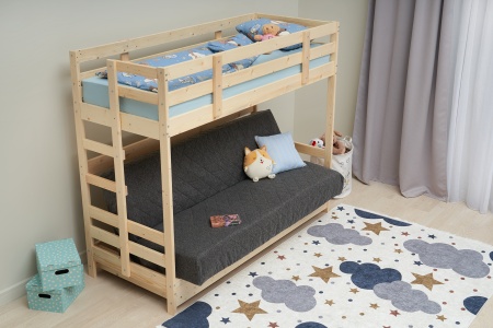 Двухъярусная кровать массив с диван-кроватью темно-серый / натуральный