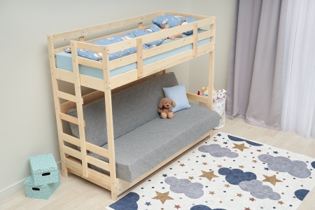 Двухъярусная кровать массив с диван-кроватью светло-серый / натуральный